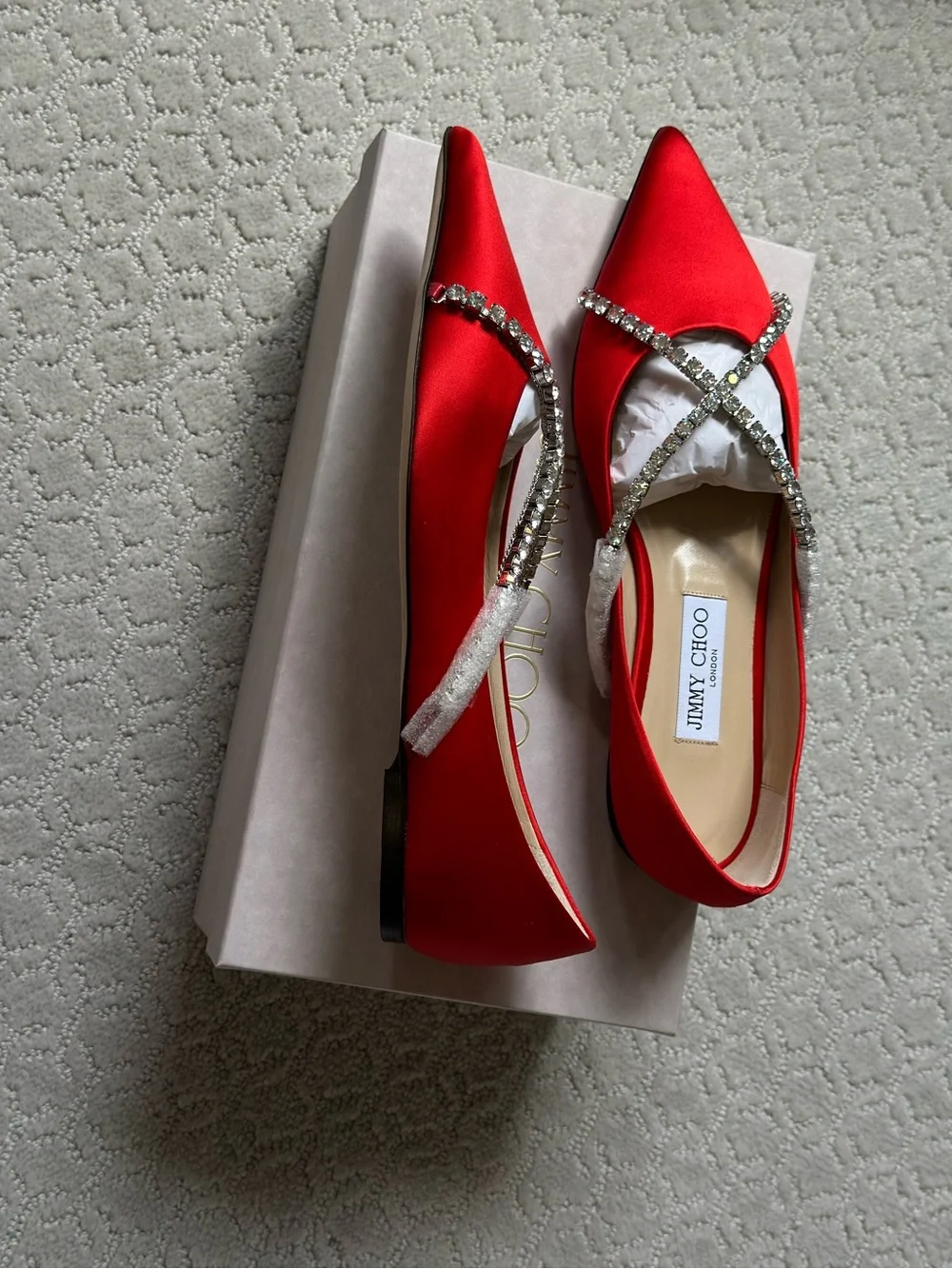 Jimmy Choo Red Satin Pointed Flats with Crystal Cross Straps. Size 40 - Picture 4 of 6